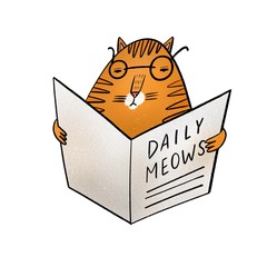 Funny cartoon cat wearing glasses and reading newspaper
