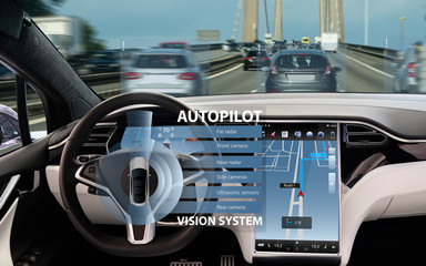 Self driving car on a road. Autonomous vehicle. Inside view. 