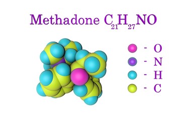 Molecular structure of methadone. Atoms are represented as spheres with color coding: oxygen (pink), nitrogen (purple), hydrogen (light blue), carbon (yellow). 3d illustration