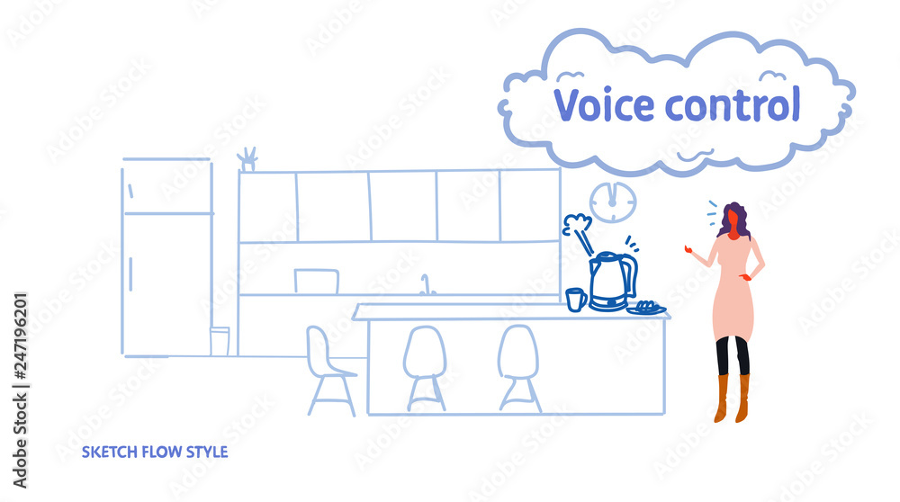 Poster home automatic kettle controlled by woman smart tech teapot recognizes commands voice control concep