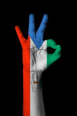 Hand making Ok sign, Equatorial guinea flag painted as symbol of best quality, positivity and success - isolated on black background