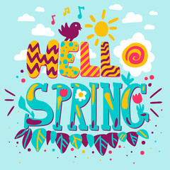 Hello spring hand drawn poster template