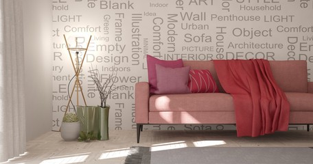 White stylish minimalist room with sofa. Scandinavian interior design. 3D illustration