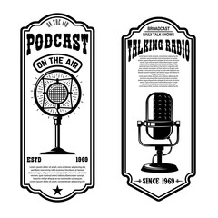 Set of vintage podcast, radio flyers with microphone. Design element for logo, label, sign, badge, poster.