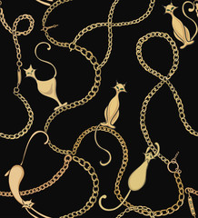 Gold chains and cats on a black background. Vector seamless pattern.