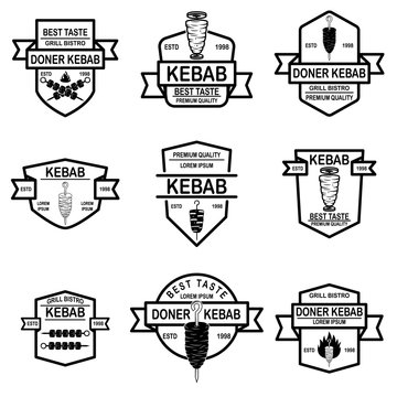 Set of vintage doner kebab labels. Design element for logo, label, emblem, sign, badge.