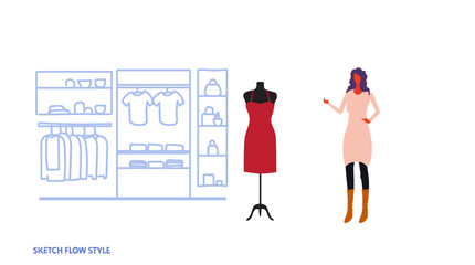 businesswoman choosing new dress elegant woman standing modern fashion shop female clothes market shopping mall interior sketch flow style horizontal