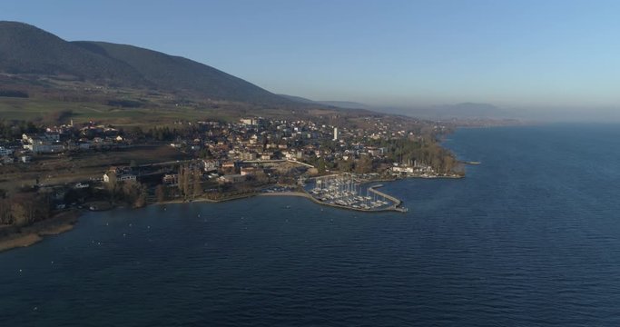 St-Aubin lake and harbor - Aerial 4K