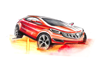  Sketch of car is markers painting. It is red a car suitable for a jung poeple or familie. The car is very dimamic and has the luxurious curves.