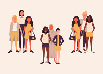 Obraz premium Women of different nationalities together. Female friends hold hands. Group of feminists, sisterhood. Happy women or girls isolated on white background. Vector illustration