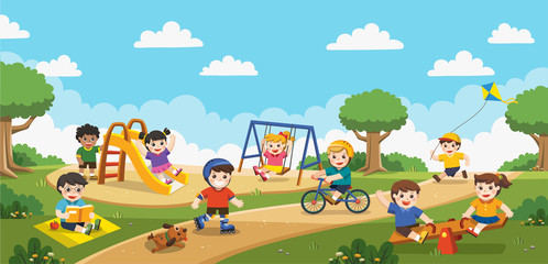 Happy excited kids having fun together on playground. Children play outside with rainbow background. Vector illustration.