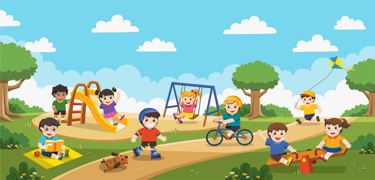 Happy Excited Kids Having Fun Together On Playground. Children Play Outside With Rainbow Background. Vector Illustration.