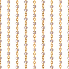 Golden chain with pearls. Seamless jewelry border pattern
