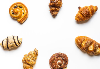 Top view of bread and bakery set on white color background.Food and healthy concepts