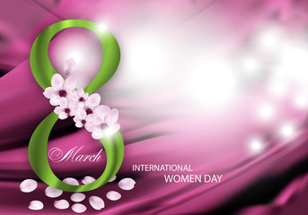 Pink Background for Holiday March 8 International Women's Day with Digit eight and flowers, petals. Vector