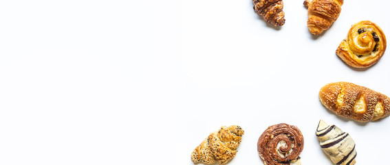 Top view of bread and bakery set on white  color background.Food and healthy concepts i