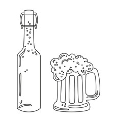 Glass and bottle with beer on white background.
