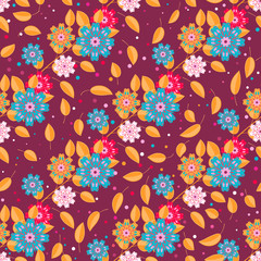 Vector floral ethnic seamless pattern in doodle style with flowers and leaves. Gentle, spring, summer floral background.