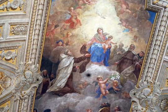 Virgin Mary with baby Jesus and Carmelite saints, ceiling of Santa Maria de Monte Carmelo Church in Trastevere, Rome. Trastevere, Rome, Italy 