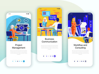 Set of onboarding screens user interface kit for Management, Communication, Workflow, mobile app templates concept. Modern UX, UI screen for mobile or responsive web site. Vector illustration.
