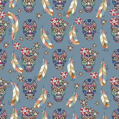 Naklejka premium Seamless texture, endless pattern, tribal style colorful simplified ethnic skull template . Vector traditional folk bone ornament for design. boho chic