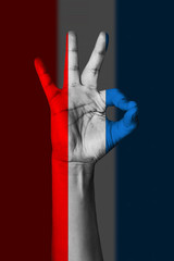 Hand making Ok sign, Yugoslavia flag painted as symbol of best quality, positivity and success - isolated on flag background