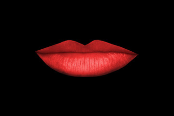 Woman's lips. Red lush lips, kiss on black background. Erotica, sex, temptation. Fashion concept