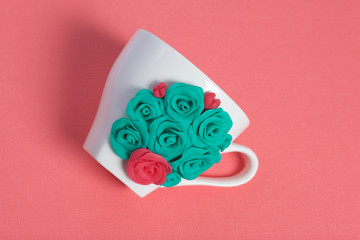 Mug, decorated with flowers made of polymer clay. Crafts from polymer clay. Mug decorated with...