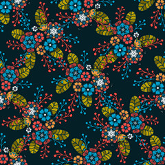 Vector floral ethnic seamless pattern in doodle style with flowers and leaves  . Gentle, spring or summer floral background. For cloth or baby towel