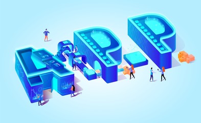 Isometric Letters APP on Blue Gradient Background.