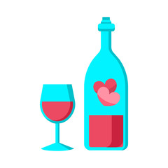 Celebration, love, valentines day icon. Bottle and glass of wine.