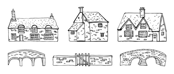 Old english village vector sketch hand drawn illustration. Set of cartoon outline houses facades and bridges isolated on white background