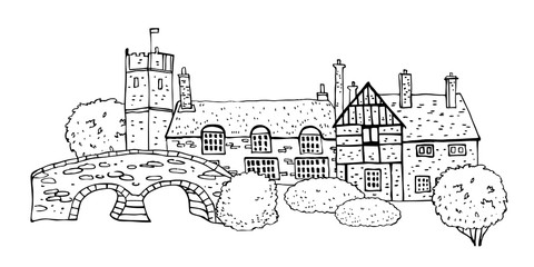 Old english village scene. Vector sketch hand drawn illustration. Cartoon outline houses facades, bridge and plants isolated on white background