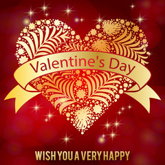 Happy valentines day  design element. Vector illustration. red Background decorated with a heart of gold. Doodles and curls. Vector illustration.