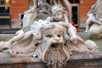 Piazza Navona, Fountain figure, sea figure with cherub in the Fountain of Neptune in Rome, Italy 
