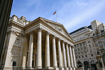 Royal Exchange building, London, England, originally built in the 1600s, and restored in the 19th...