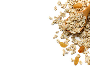 Oat flakes with wooden spoon on white background