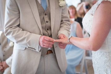 Bride & groom placing rings on fingers during the wedding ceremony
