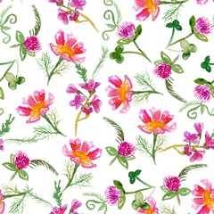 Tuinposter Seamless pattern with pink wildflowers on white © Kusandra