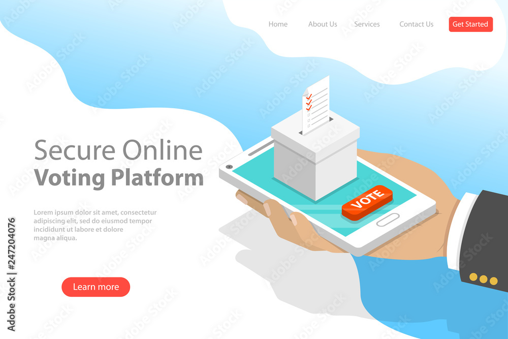 Poster flat isometric vector landing page template of voting online, e-voting, election internet system.