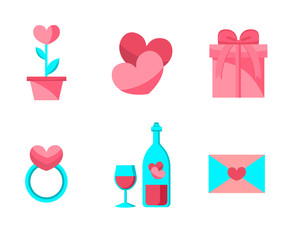 Happy Valentine Day Objects Set . Flat Design . Collection of Love Wedding Items.