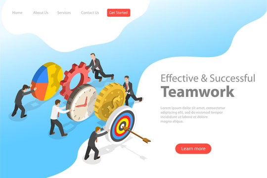 Flat isometric vector landing pate template of effective teamwork, business team, brainstorm.