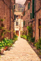 Fototapeta premium Valldemossa beautiful streets decorated in plant pots and colorful flowers