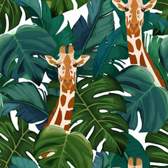 Naklejki  Exotic summer print. Seamless pattern with palm tree, giraffe. Vector illustration