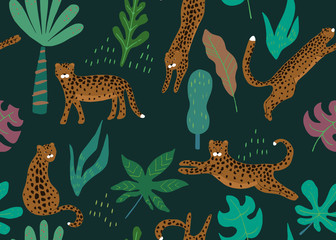 Fototapeta premium Jungle seamless pattern. Animal print with leopard. Vector background