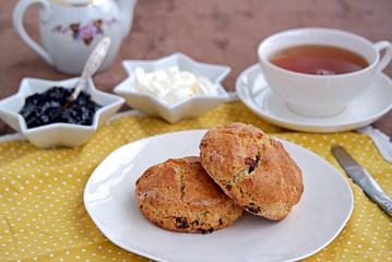 Traditional English scones with dried cranberries on a white plate. Served with jam and whipped...