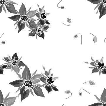 Abstract floral seamless pattern with composition from hand drawn grey flowers and buds borage on white background. Botanical monochrome frame