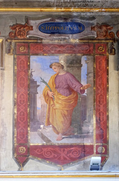 Saint Hippolytus martyr fresco painting in Church of St Lawrence at Lucina, Rome, Italy