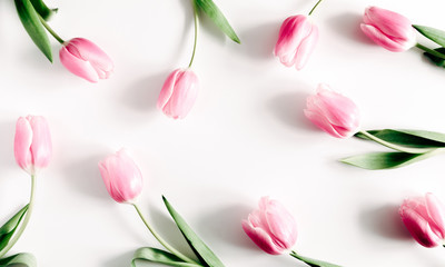 Flowers composition romantic. Pink flowers tulips on white background. Wedding. Birthday. Happy...
