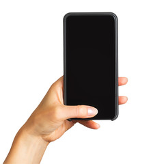Women's hand showing black smartphone, concept of taking photo